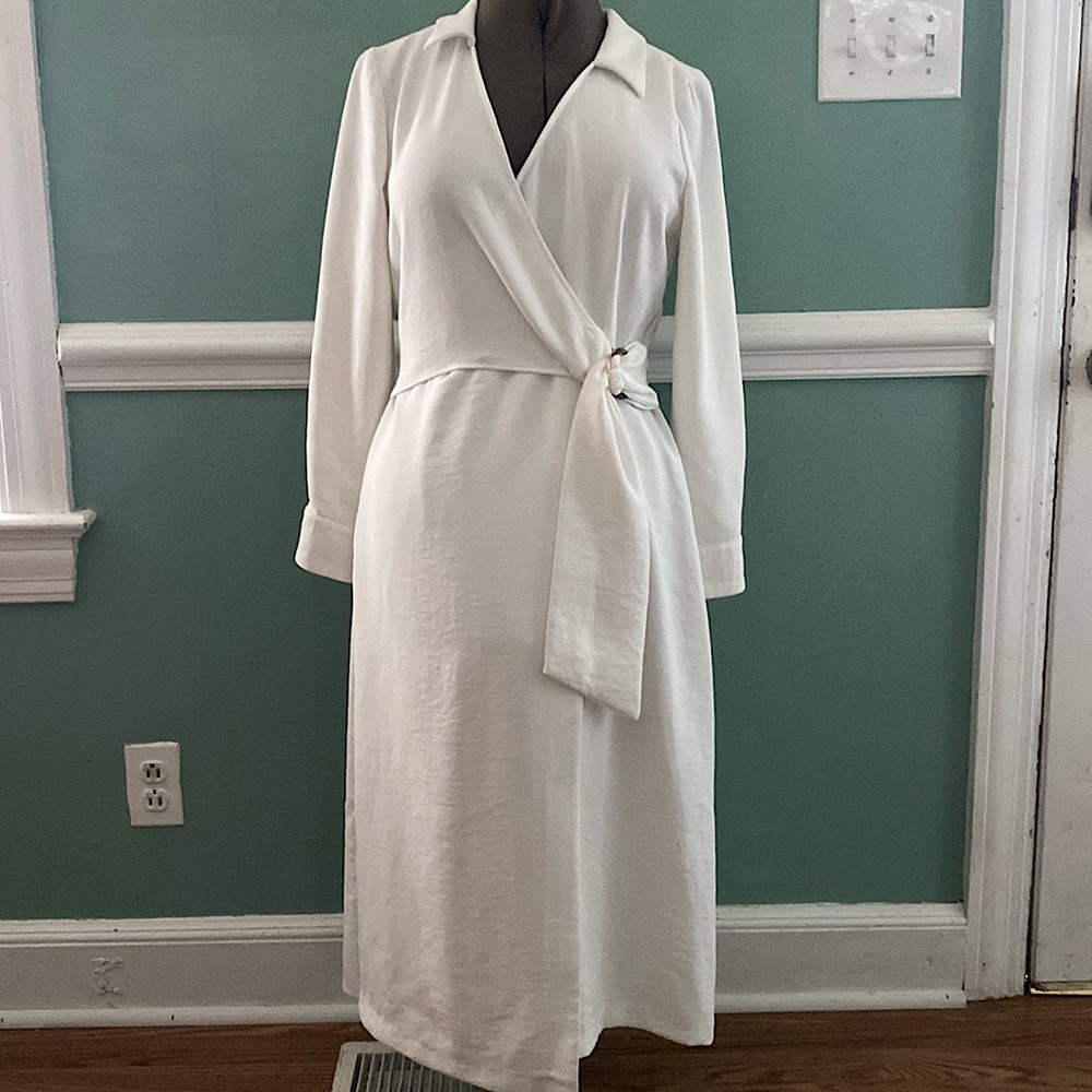 Zara women off white dress formal career long sleeve v neck Sz large